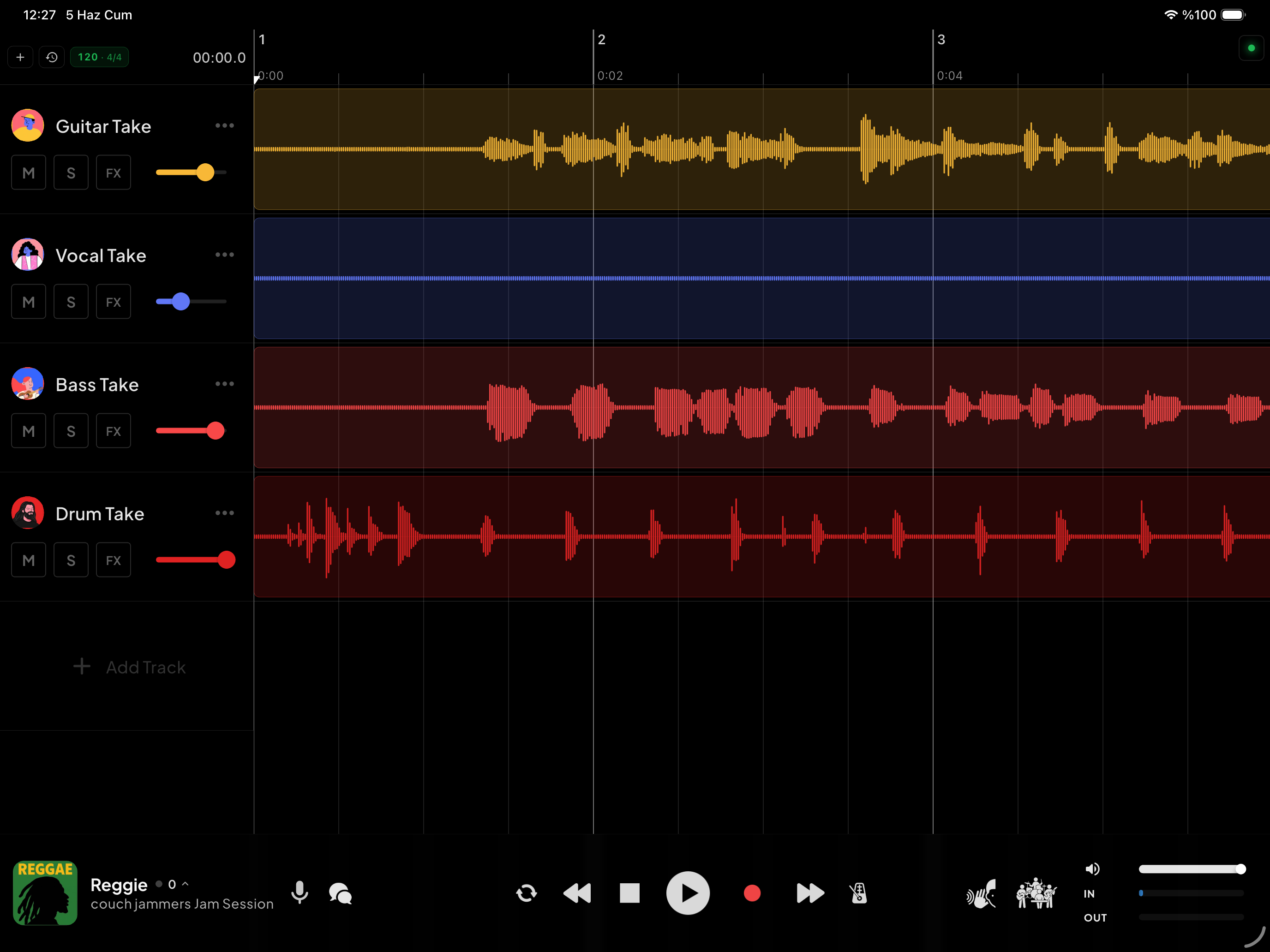 Vjam cloud DAW session with recorded takes